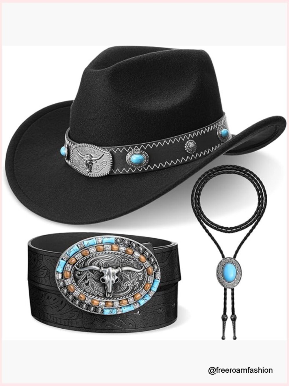 Western Cowboy Hat, Leather Necktie & Belt Set - Accessories